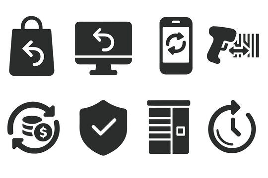 Returns and Exchanges Icons. Solid style icons of returns and exchanges: product return bag, digital return form icon, reverse