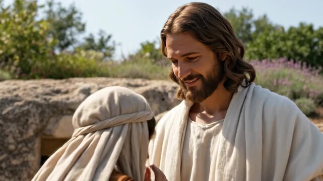 Jesus Christ appears to Mary Magdalene, the first person to see his resurrection from the tomb, symbolizing new life and faith on Easter.