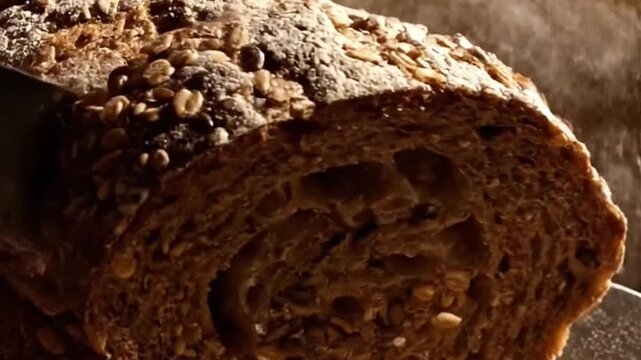 Close-up View of Sliced Multigrain Bread with Seeds and Toasting Process
