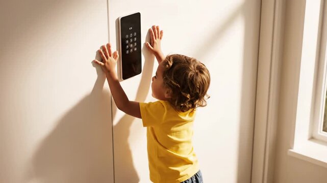 Child reaches for keypad on wall near window, bathed in sunlight.