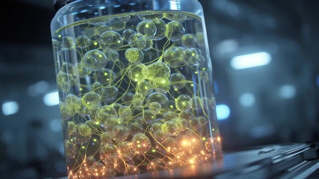 Biological medicine innovation Illustrate a sleek bioreactor tank where genetically engineered cells are rapidly growing, glowing with internal light, symbolizing the industrial production of advanced