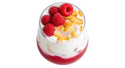 Isolated creamy dessert with yogurt, raspberry sauce, fresh raspberries, coconut chips, healthy treat