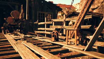 Sunlight filters through the weathered beams of an old mining town, highlighting a scene of wooden tools and equipment. The atmosphere feels nostalgic, drawing viewers into a lost era.