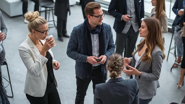Diverse Business Professionals Networking and Conversing at a Modern Corporate Event or Office Gathering, Fostering Collaboration and Connection