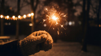 A sparkler in a knitted mitten against a backdrop of Christmas lights and darkness, symbolizing New Year's Eve and the holiday season.
