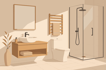 Serene Minimalist Bathroom. Modern bathroom interior vector illustration with minimalist d&eacute;cor and natural wood accents,