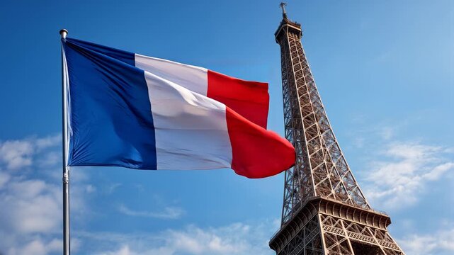 french flag waving in front of eiffel tower in blue sky of paris france