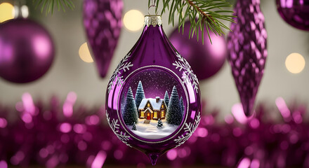 Close up of a purple christmas ornament with a winter scene inside