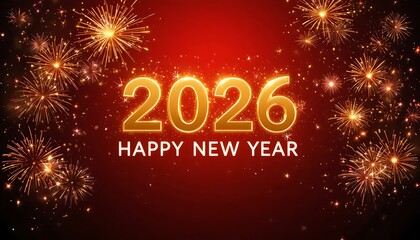 Explosive golden 2026 Happy New Year with dazzling red-gold fireworks and glowing sparkles.