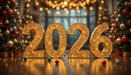 A scene featuring the year 2026 in bold, golden 3D letters with a sparkling, reflective surface. Happy New Year, Happy New Year 2026, Merry Christmas And Happy New Year