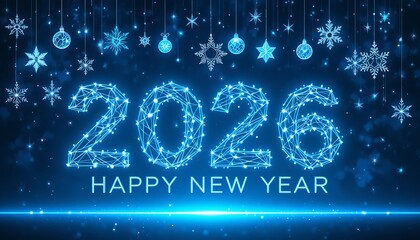 Happy new year 2026 futuristic digital background with snowflakes and christmas ornaments design