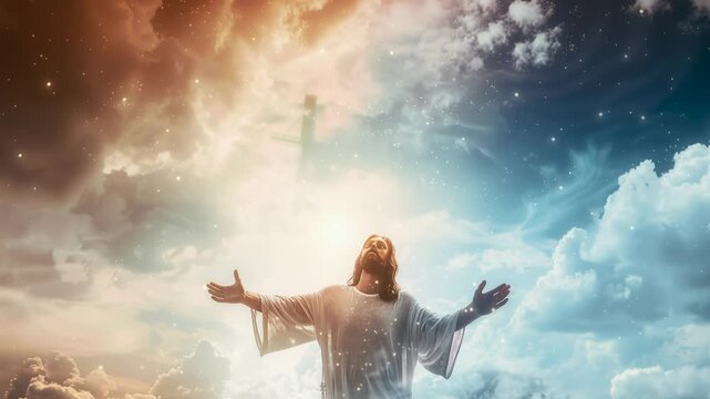 Love and faith and salvation concept of Jesus Christ reaching out with open arms in the sky and the resurrected Jesus Christ