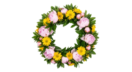 Isolated floral wreath with pink peonies and yellow daisy flowers for decoration design