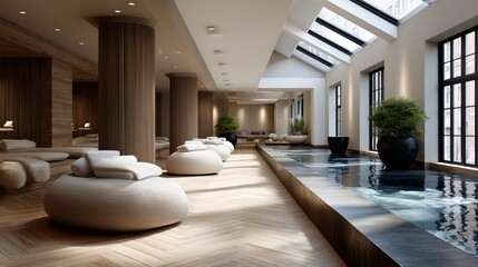 Modern spa interior featuring serene relaxation area with plush seating, natural light streaming through skylights, and tranquil water features for a calming atmosphere