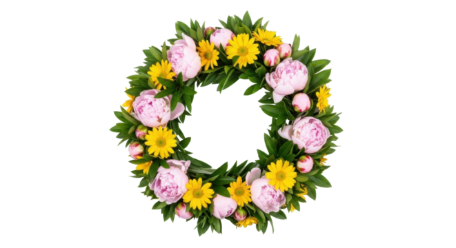 Isolated floral wreath with pink peonies and yellow daisy flowers for decoration design