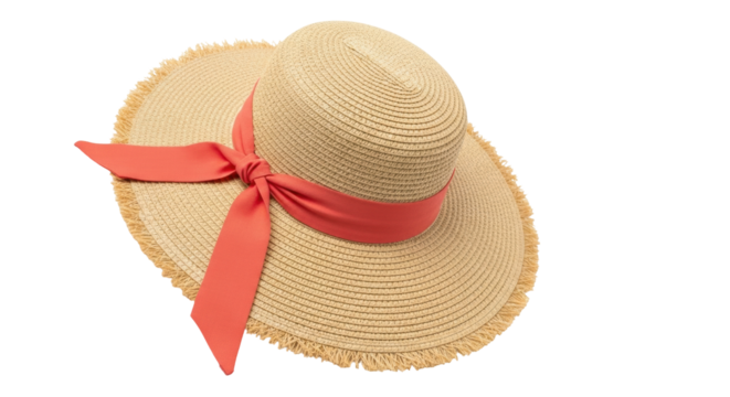 Isolated straw sunhat with a coral-colored ribbon, stylish summer fashion accessory, headwear
