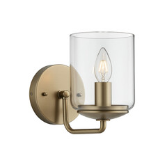 Modern brass wall sconce with clear glass shade isolated on transparent background