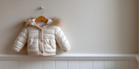 Cozy children's winter jacket with fur-lined hood hanging on a wooden hanger against a neutral wall, showcasing warmth and style for cold weather fashion