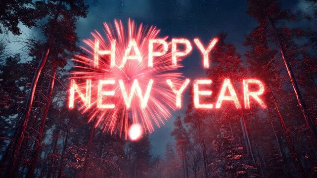 Happy New Year message with fireworks display festive celebration in a forest setting perfect for holiday greetings and seasonal promotions