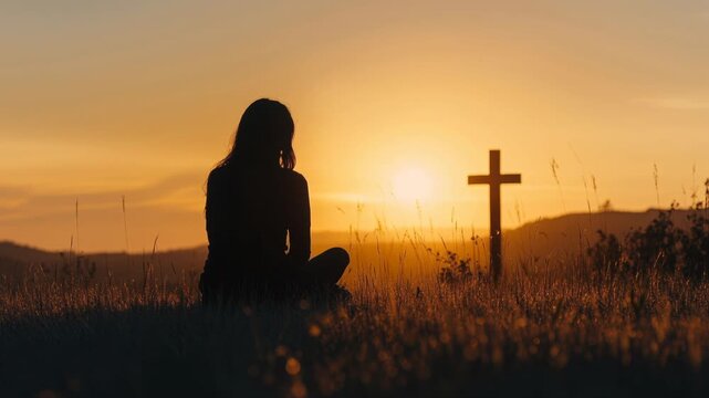silhouette person kneeling near cross in golden sunset over grassy meadow, soft glow and dew, quiet reflection, spiritual devotion, distant horizon and warm sky