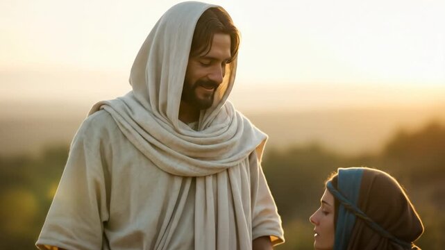 The resurrected Christ Jesus appears to Mary Magdalene, who kneels and holds his hand, an encounter symbolizing faith and new life at Easter