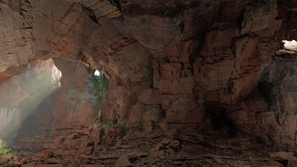 Sunlight streams through an open cave, illuminating the rocky interior. Lush greenery peeks from the entrance, creating a serene atmosphere in this natural wonder.