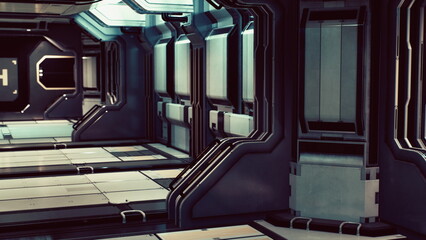 Brightly lit futuristic hallway features smooth surfaces and stylish details. Each panel reflects a modern aesthetic, creating an inviting and innovative atmosphere for exploration.