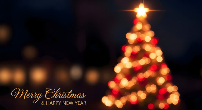 Bokeh christmas tree with star and merry christmas text overlay - Powered by Adobe