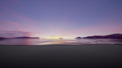 As dusk settles in, soft purples and pinks fill the sky above a calm sea. Gentle waves lap at the shore, creating a peaceful scene by the waters edge, with mountains in the background.