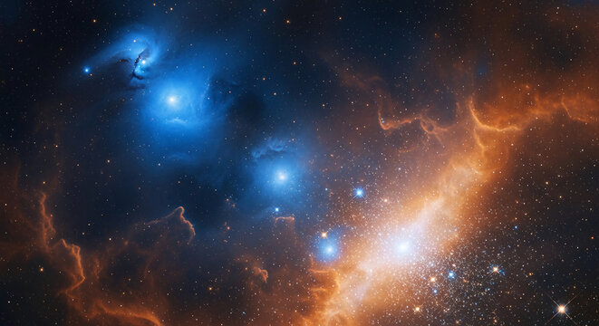 Panoramic view of a celestial nebula with bright star cluster in blue and orange hues, representing cosmic wonders and vastness of space, ideal for science concepts