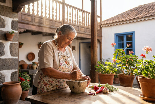 Mujer mayor preparando mojo canario tradicional en patio t&iacute;pico de Canarias