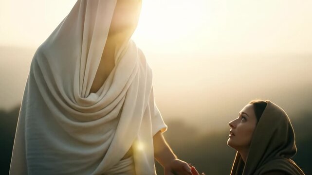 Jesus reaching out to a kneeling Mary Magdalene. Resurrected Jesus Christ, with a glowing heart, meeting Mary Magdalene on Easter morning.