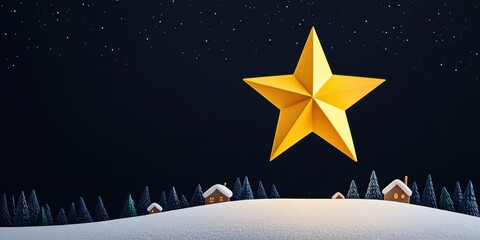 bright golden star adorns a snowy landscape, dotted with quaint houses under a starry night sky, creating a cozy, festive atmosphere.