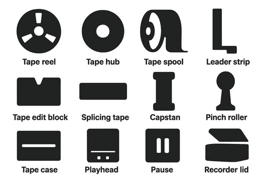 Tape Icons Collection. Solid style icons of Tape Technology: Open Reel, Tape Hub, Tape Spool, Leader Strip, Tape Edit Block,