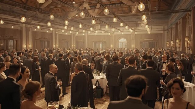 Elegant Gala Event in Grand Ballroom with Well-Dressed Guests Mingling at a Formal Reception, Luxurious Social Gathering