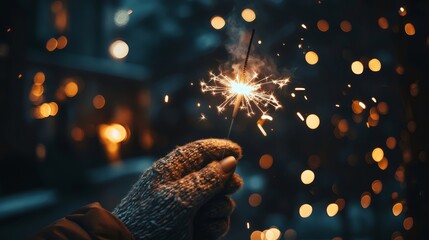 A sparkler in a knitted mitten against a backdrop of Christmas lights and darkness, symbolizing New Year's Eve and the holiday season.