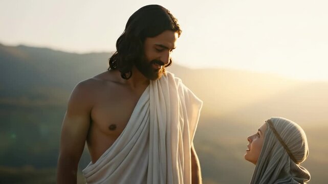 Man, as Jesus, meeting with a kneeling woman, as Mary Magdalene, during a sunset on a mountain hill for christian passion.
