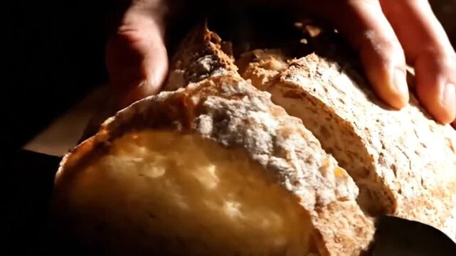 Artisan bread baking process capturing dough shaping and slicing in close-up