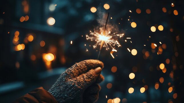 A sparkler in a knitted mitten against a backdrop of Christmas lights and darkness, symbolizing New Year's Eve and the holiday season.