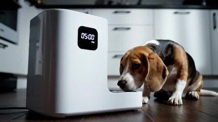 Cute beagle waiting near an automatic pet food dispenser