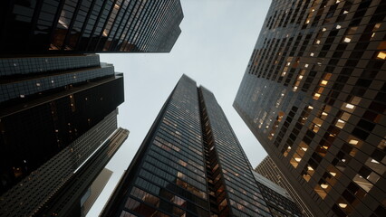 Naklejka premium Tall buildings stretch upward toward a cloudy sky, capturing the essence of city life. Soft lights begin to glow in windows as day turns to night, showcasing urban beauty.