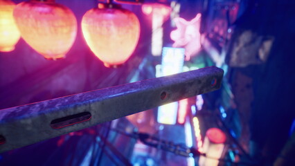 A lively urban alley is filled with vivid neon signs and glowing lanterns. The scene captures the essence of nightlife, where sounds and colors merge in a captivating display.