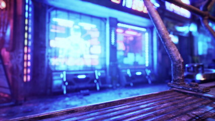 A bustling street scene under vibrant neon lights showcases empty benches and lively storefronts. The atmosphere is electric, hinting at the nightlife that thrives beyond the quiet moment.