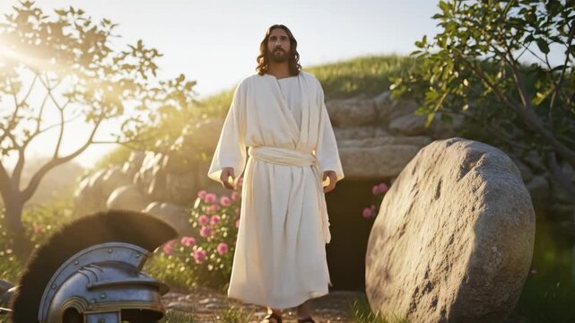 Jesus Christ resurrected by an empty tomb with Roman helmet, spear and a path of light, a holy Easter concept
