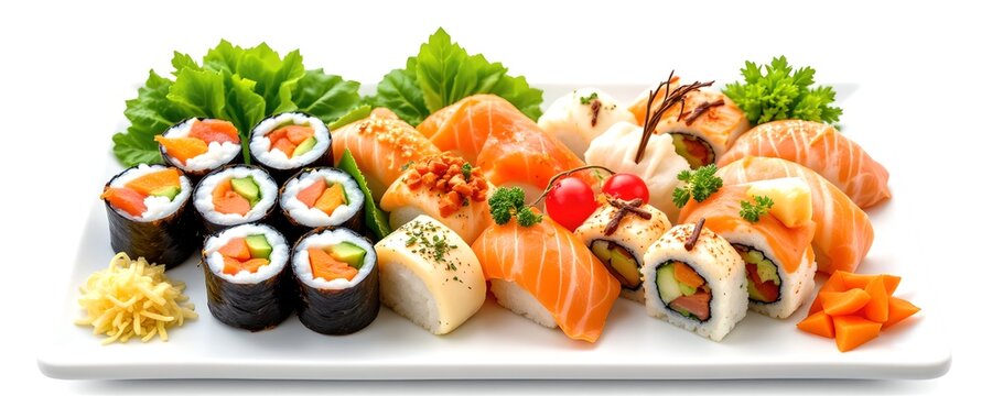 A colorful display of assorted sushi pieces on a plate, featuring a variety of textures and ingredients. The arrangement is visually appealing and tempting. 