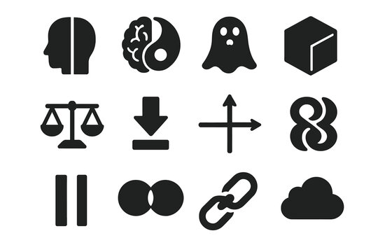 Dualism vs. Physicalism Icons. Solid style icons of dualism vs. physicalism: divided head, yin-yang brain, ghostly spirit,