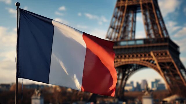 french flag waving in front of eiffel tower in blue sky of paris france