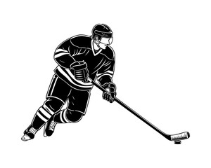 Obraz premium Ice Hockey Player in Action with Stick and Skates — Black and White Line Art Illustration