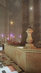 Fototapeta premium Soft candlelight flickers in an ancient temple, illuminating tall, ornate columns. The peaceful ambiance invites reflection and tranquility, while rich textures enhance the spiritual experience.
