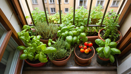 Potted herbs and tomatoes growing on a cozy urban balcony garden, gardening enthusiasts, urban balcony garden, homegrow veggies, city herbs, harvesting balcony, small space gardening